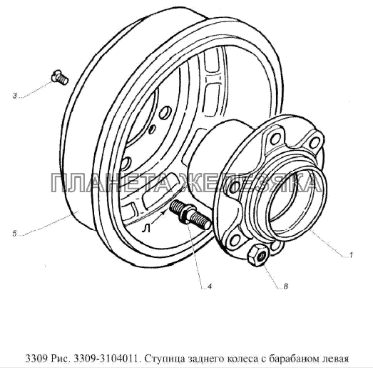 Ступица заднего колеса с барабаном левая ГАЗ-3309 (Евро 2)
